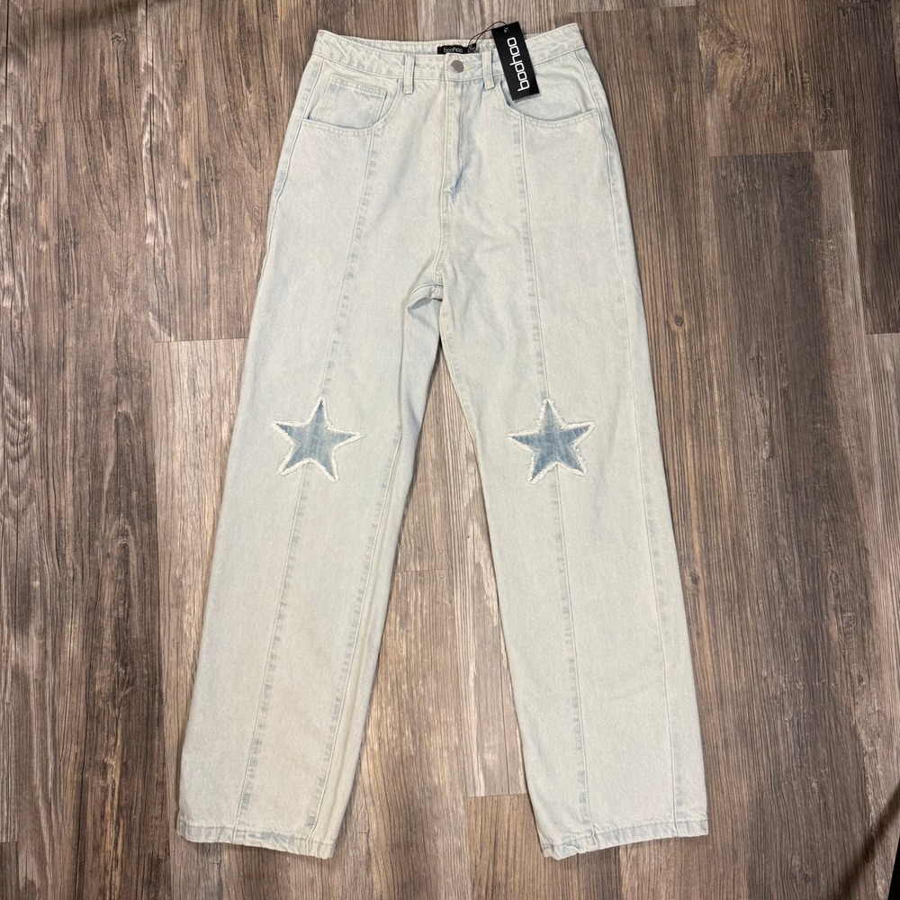 Boohoo Patchwork Star Seamed Boyfriend Fit Indie Jeans Light Wash Blue Womens 8
